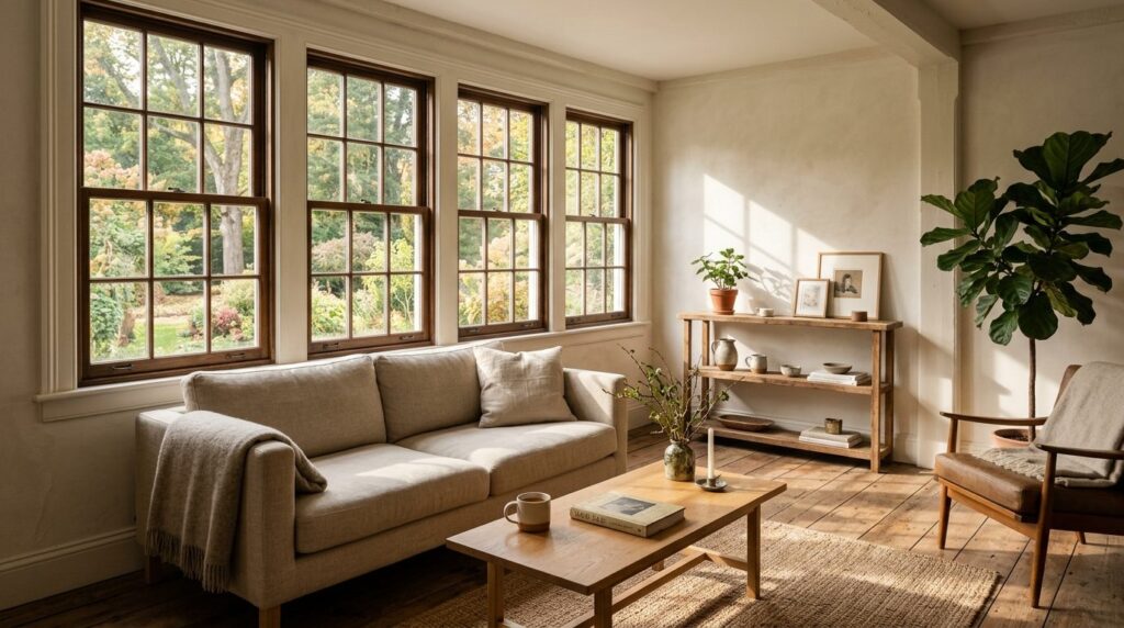 Serene photorealistic interior scene of a sunlit room in a r