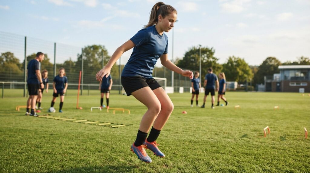Photorealistic stock image, 16:9 format: Female youth soccer