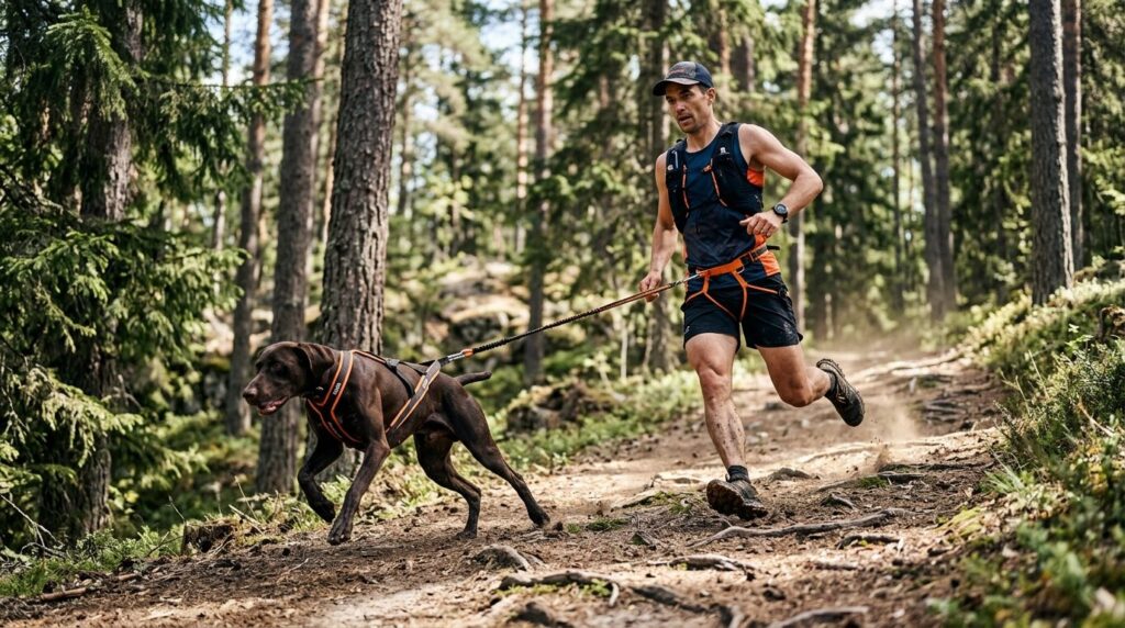 Active male trail runner with athletic build running downhil