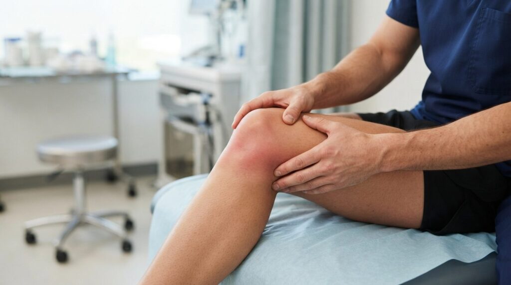 Close-up photorealistic image of a runners knee with visibl