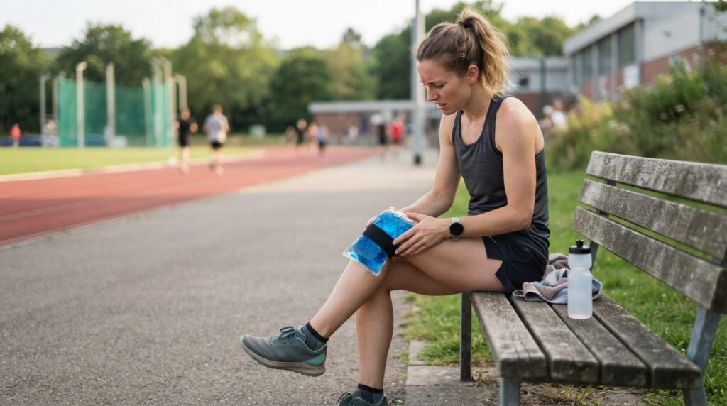 Professional stock photo of a runner resting on a bench look