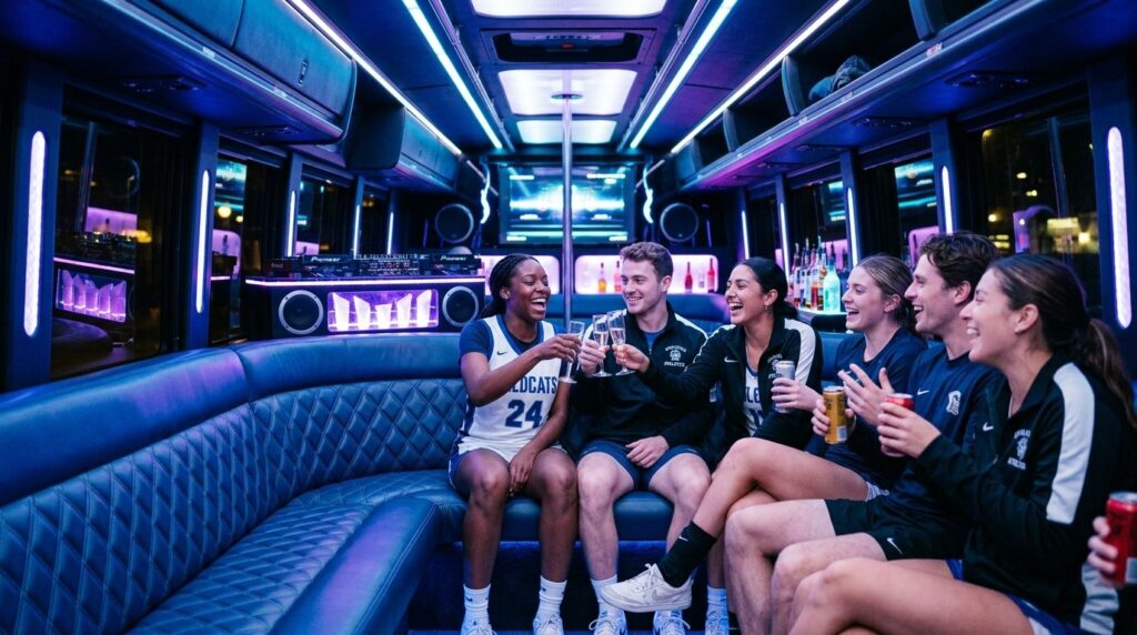 Rummeligt partybus-interiør med lys og plads til passagerer.