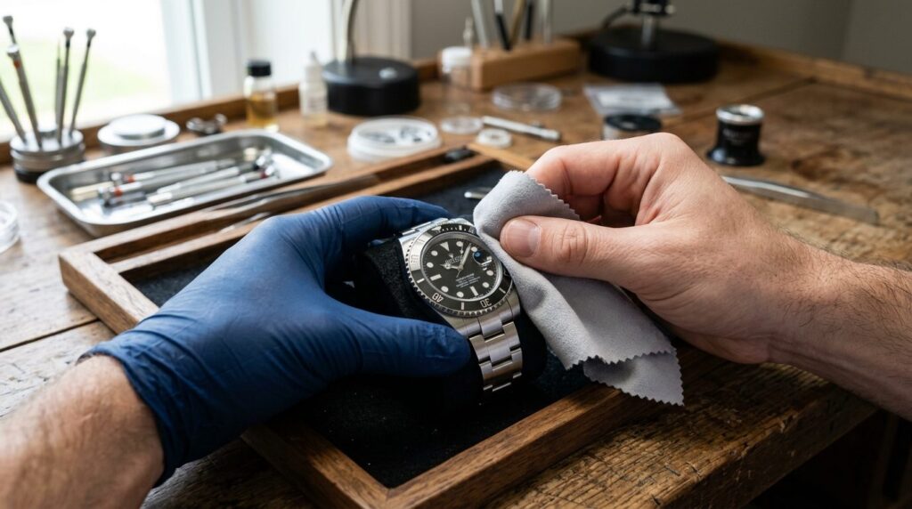 Close-up detail shot of watch maintenance and cleaning, hand