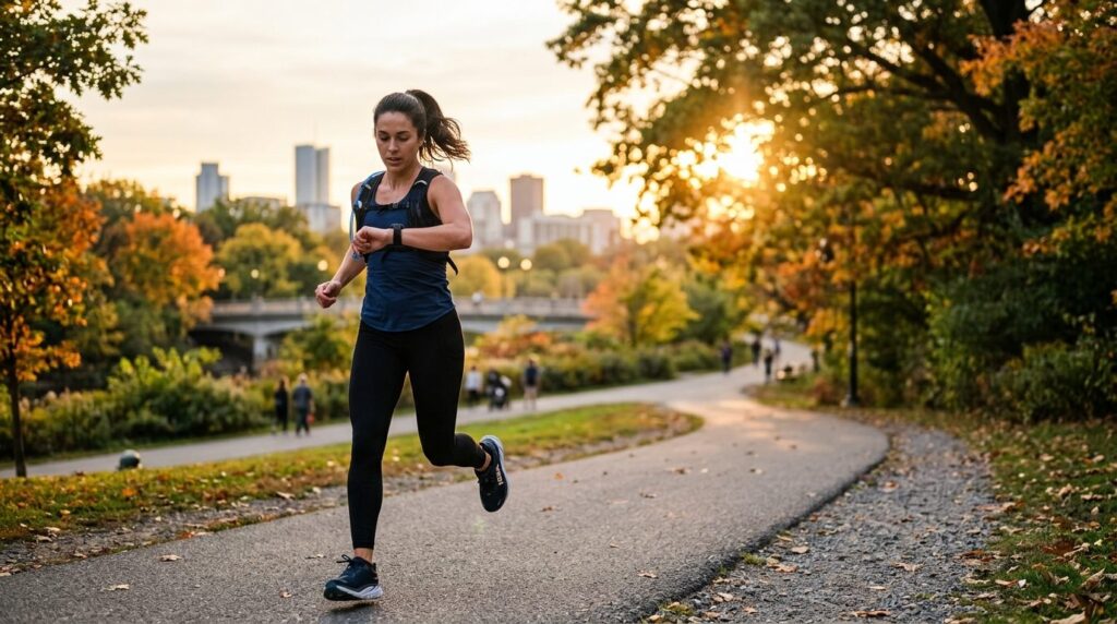 Active lifestyle scene showing runner checking sports watch