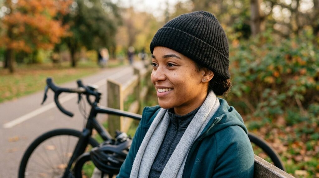 Close-up lifestyle shot of a black knit beanie worn during c