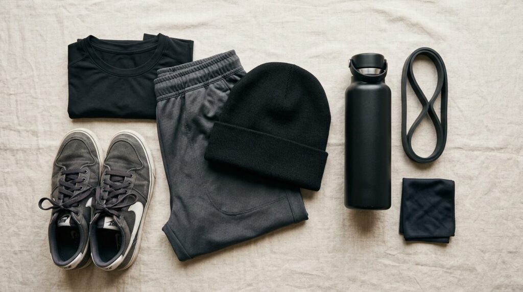 Flat lay and lifestyle hybrid image showing a black basic sk