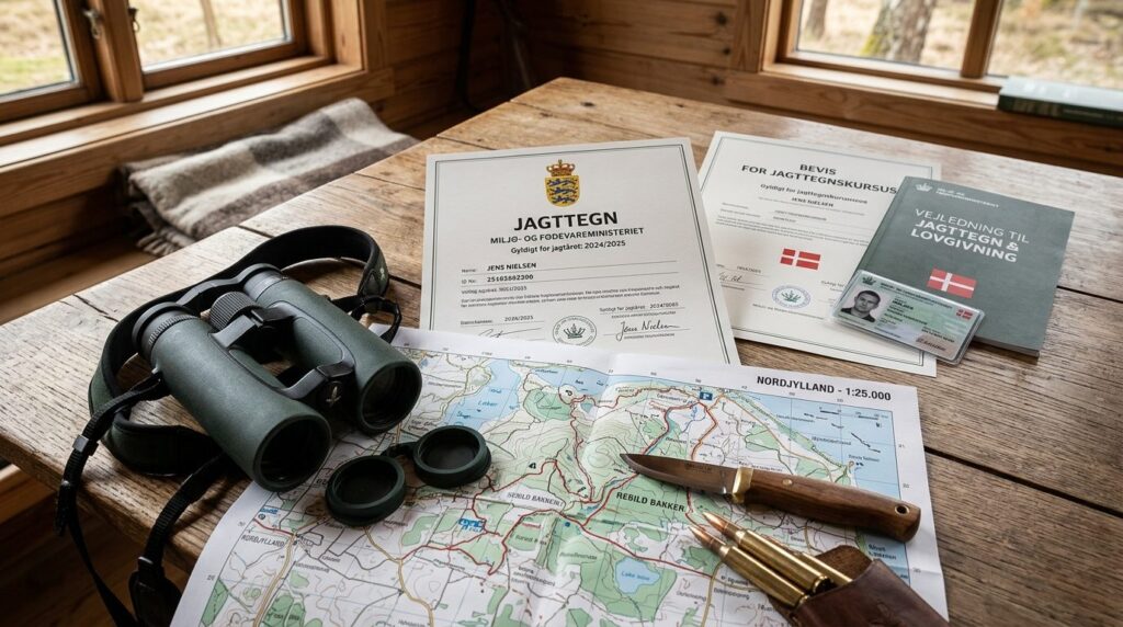 Jagttegn og officielle dokumenter udbredt på bordplade.